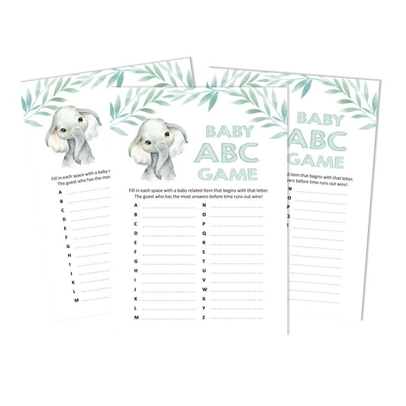 Inkdotpot Baby Shower Game Set Of 50 BabyAlphabetABCGame Baby Elephant Gender Neutral Party Supplies