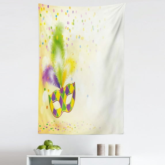 Mardi Gras Tapestry, Festival with Ornamental Feathers Colorful Dots Party, Fabric Wall Hanging Decor for Bedroom Living Room Dorm, 5 Sizes, Yellow Green Purple, by Ambesonne
