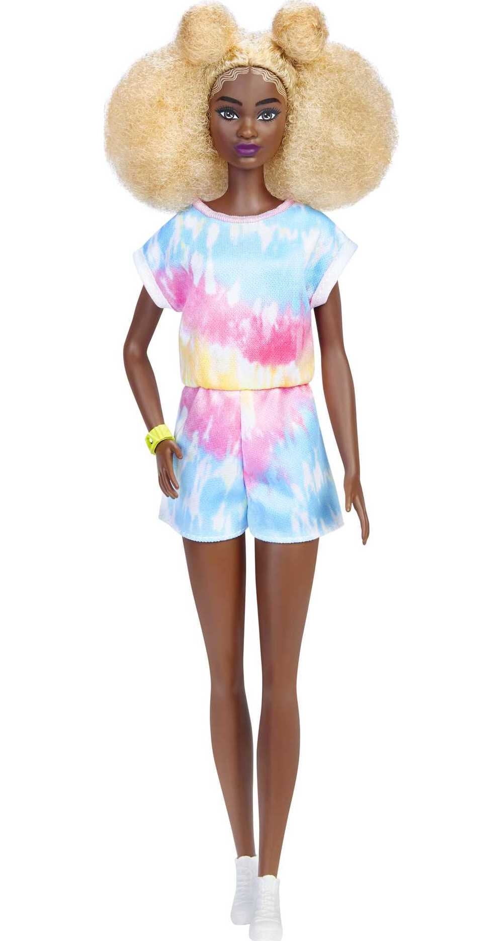 Barbie Fashionistas Doll #180, Tall, Blonde Afro, Tie-dye Romper, Sneakers, Bracelet