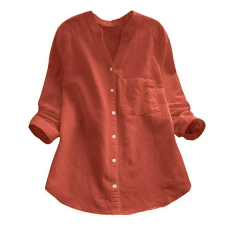 Women's Cotton Linen Solid Color Long-Sleeved Casual Loose Shirt ...