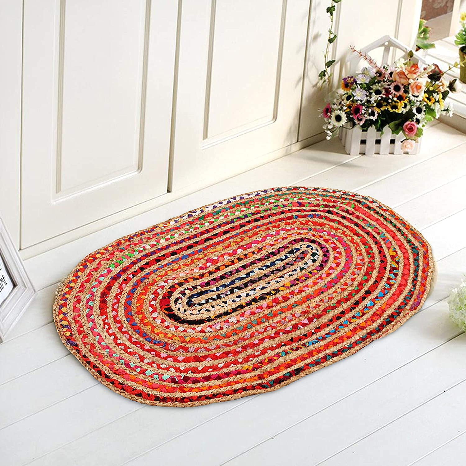 KEMA Jute Cotton Multi Chindi Braid Rug 2X3' Feet, Multi Color, Hand