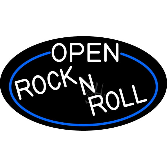 White Open Rock N Roll Oval With Blue Border LED Neon Sign 13 x 24 - inches, Clear Edge Cut Acrylic Backing, with Dimmer - Bright and Premium built indoor LED Neon Sign for Bar decor.