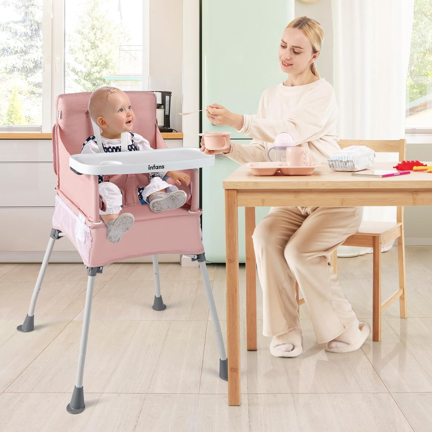 INFANS Baby High Chair, Foldable Portable Highchair for Babies and Toddlers with Travel Bag Adjustable Tray, 5 Point Harness, Compact Space Saver Infant Feeding Chair for Age 6-36 Months
