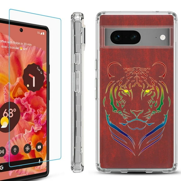 Shockproof Bumper Phone Case for Google Pixel 7, with Tempered Glass Screen Protector, by OneToughShield ® - Night Tiger