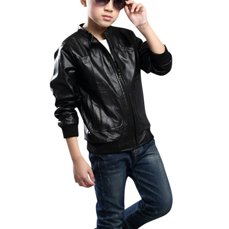 LUOGENLI Boys Jackets Size 14 16 No Hood Toddler Kids Little Boys Long Sleeve Leather Zipper Jacket Spring Autumn Lightweight Pu Coat for Boys Jacket For Boys 12 14 Suit Jacket For Boys 9 10