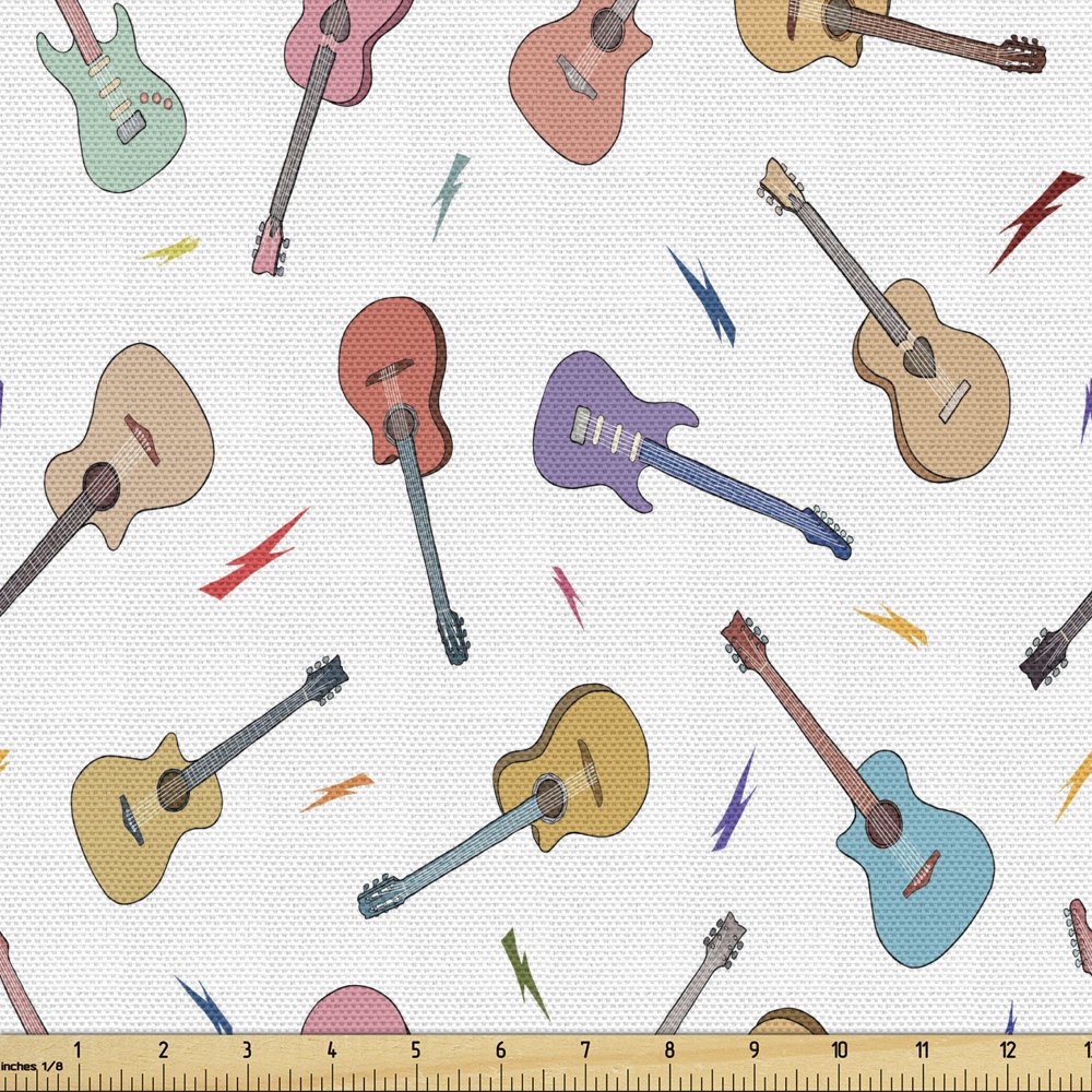 Guitar Fabric by the Yard, Rhythm Melody Pattern with Colorful Acoustic
