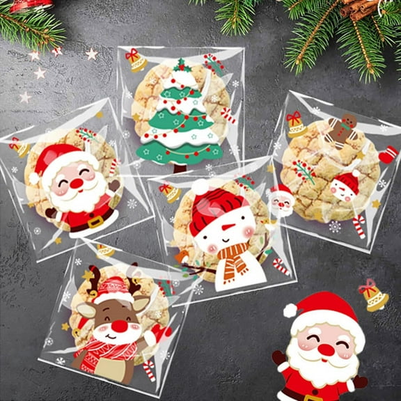 200PCS 4x4 Inch Christmas Treat Bags - Self-Adhesive Cellophane | For Candy, Donut, Chocolate & Cookies | 5 Festive Designs | Perfect for Holiday Party Favors & Gift Packaging