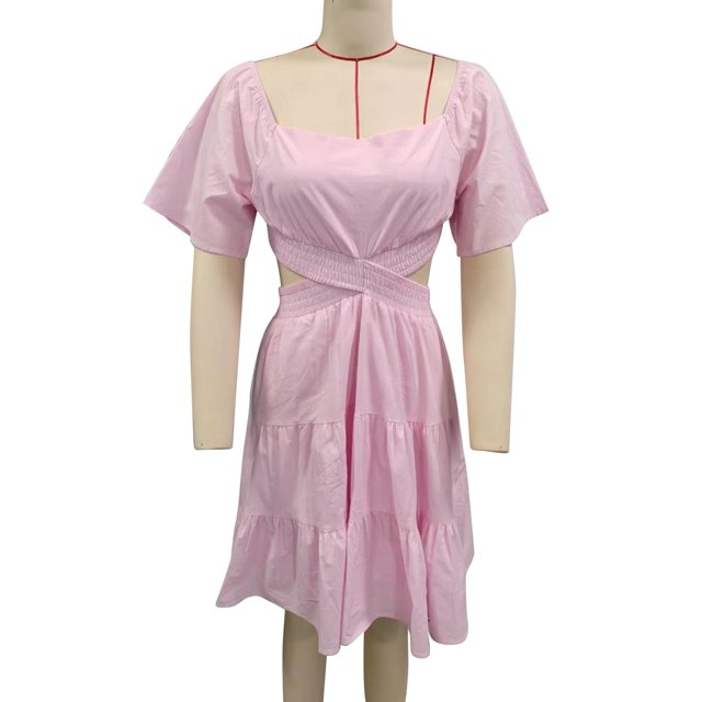 Vestido ahuecado con cintura para mujer,Vestido corto acampanado fruncido con dobladillo con volantes Vestido fruncido en la espalda para mujer Diseño aerodinámico