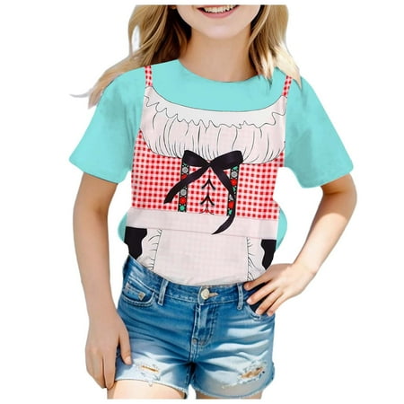 

MQLKF Girls Fashion Festival Printed Round Neck Short Sleeve Casual T Shirt Top (5) Soft Casual Beautiful Girls Tee