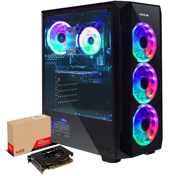Gaming Desktop Tower PC AQVIN with Radeon RX 6500 XT 4GB DDR6 Video Card (HDMI), Intel Core i7 Processor, Windows 11 Pro, 32GB RAM DDR4 1TB SSD, RGB Light, WiFi Ready, RGB Keyboard & Mouse