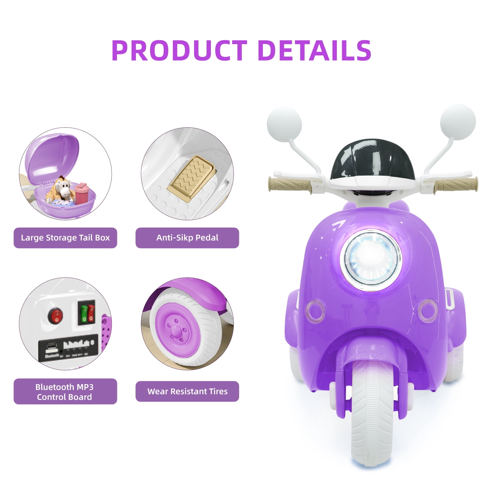 BKIRNP 12V Kids Electric Motorcycle Battery 3-Wheeler Tricycle w/Bluetooth Music LED Storage Box