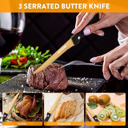 JUNCHI-Gold Steak Knives Set of 6 pcs with Gift Box, 4.5 inch Stainless Steel Steak sets, Serrated Edge Metal Knife Sets for Dinner Table, Knife for Barbeque, Picnic, Camping, Hiking