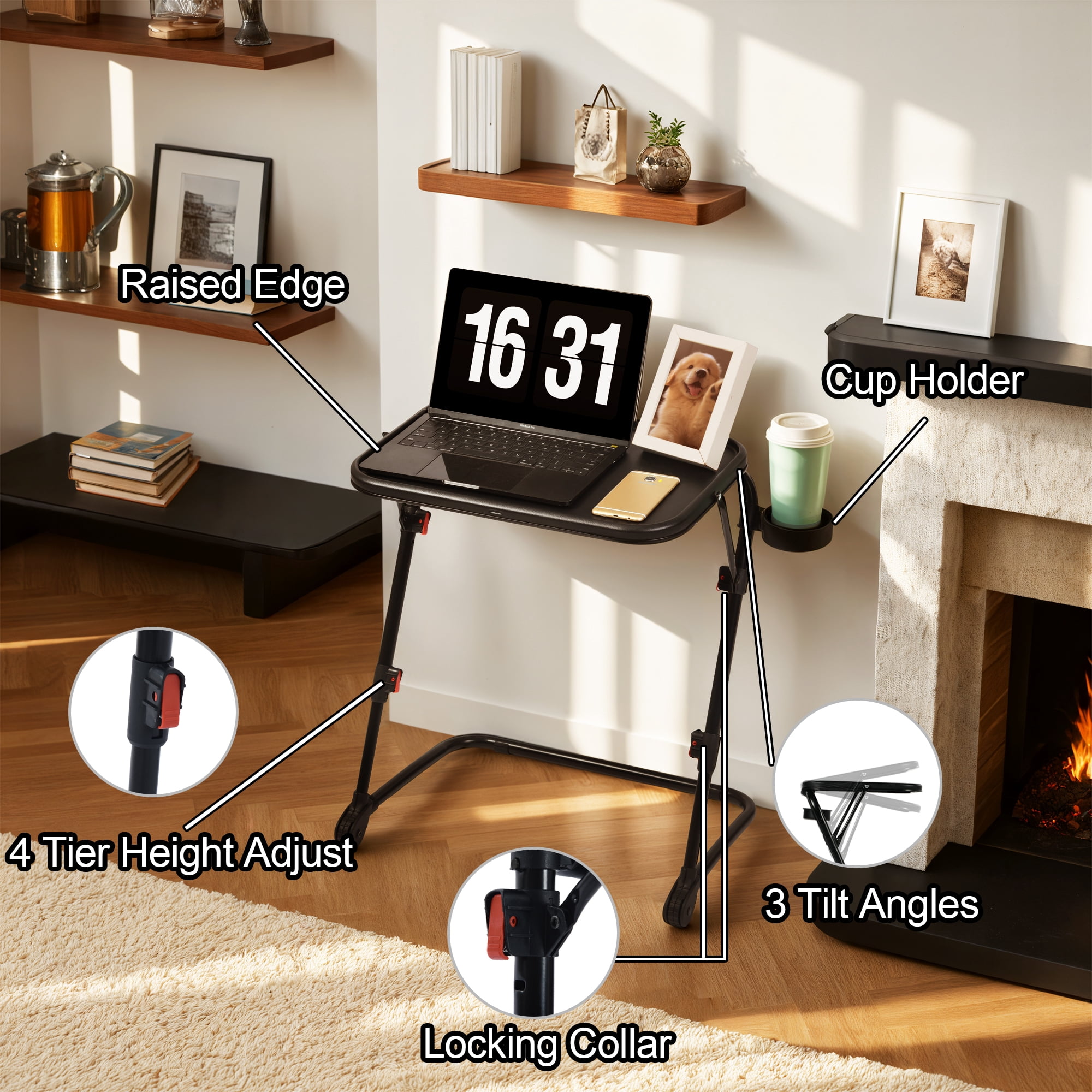 Homy Casa Folding TV Tray Table with Cup Holder, Adjustable Snack Table for Bed, Sofa, Couch, Black