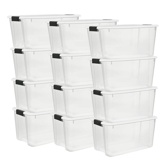 Sterilite 70 Quart Clear Plastic Storage Bin with White Latch Lid, 12 Pack