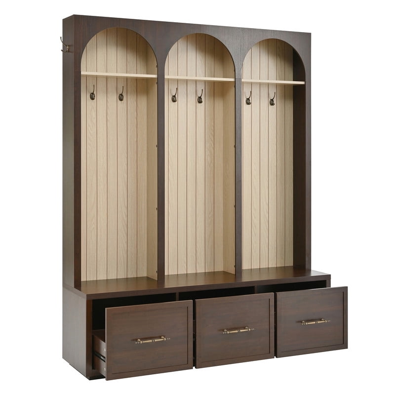 Howcool Farmhouse Hall Tree with Arched Design,8 Hooks & Storage Bench with 3 Drawers for Living Room,Dark Walnut