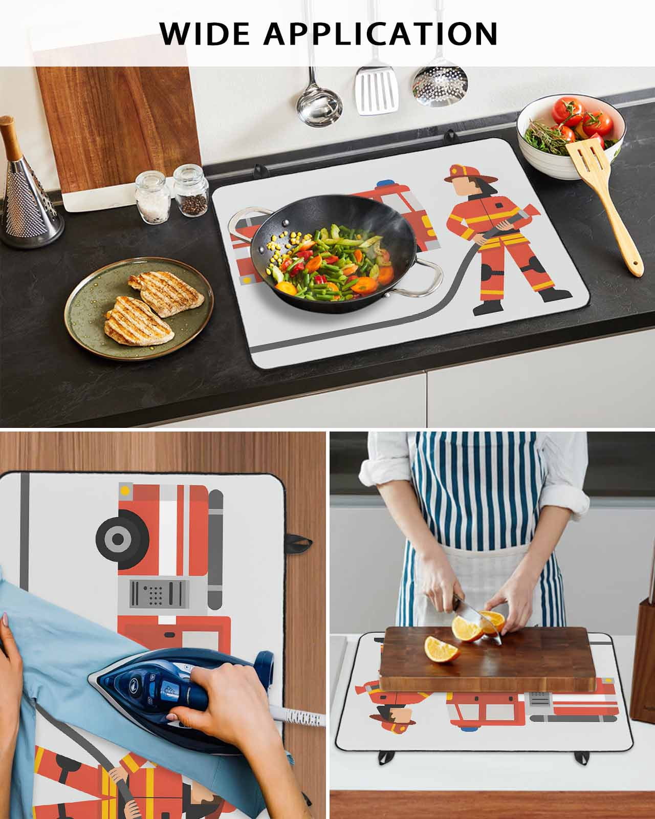 Large Induction Cooktop Protector Mat Firefighters Stove Top Covers for Electric Stove, Cartoon Red Uniform Fire Truck Grey Decorative Stove Burner Cover Mats, Glass Top Stove Cover
