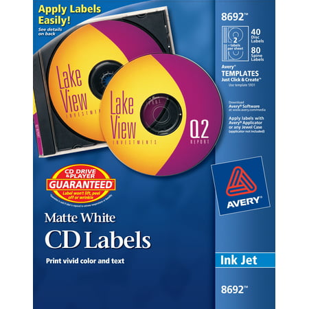 Avery(R) CD Labels, Print to the Edge, Permanent Adhesive, Matte, 40 Face Labels & 80 Spine Labels