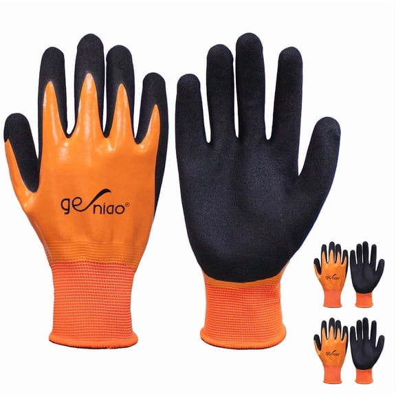 Waterproof Work Gloves for Men Women Double Nitrile Coated Work Gloves with Non-Slip Palm for Garden Yard Fishing Cleaning Orange 2 Pairs L