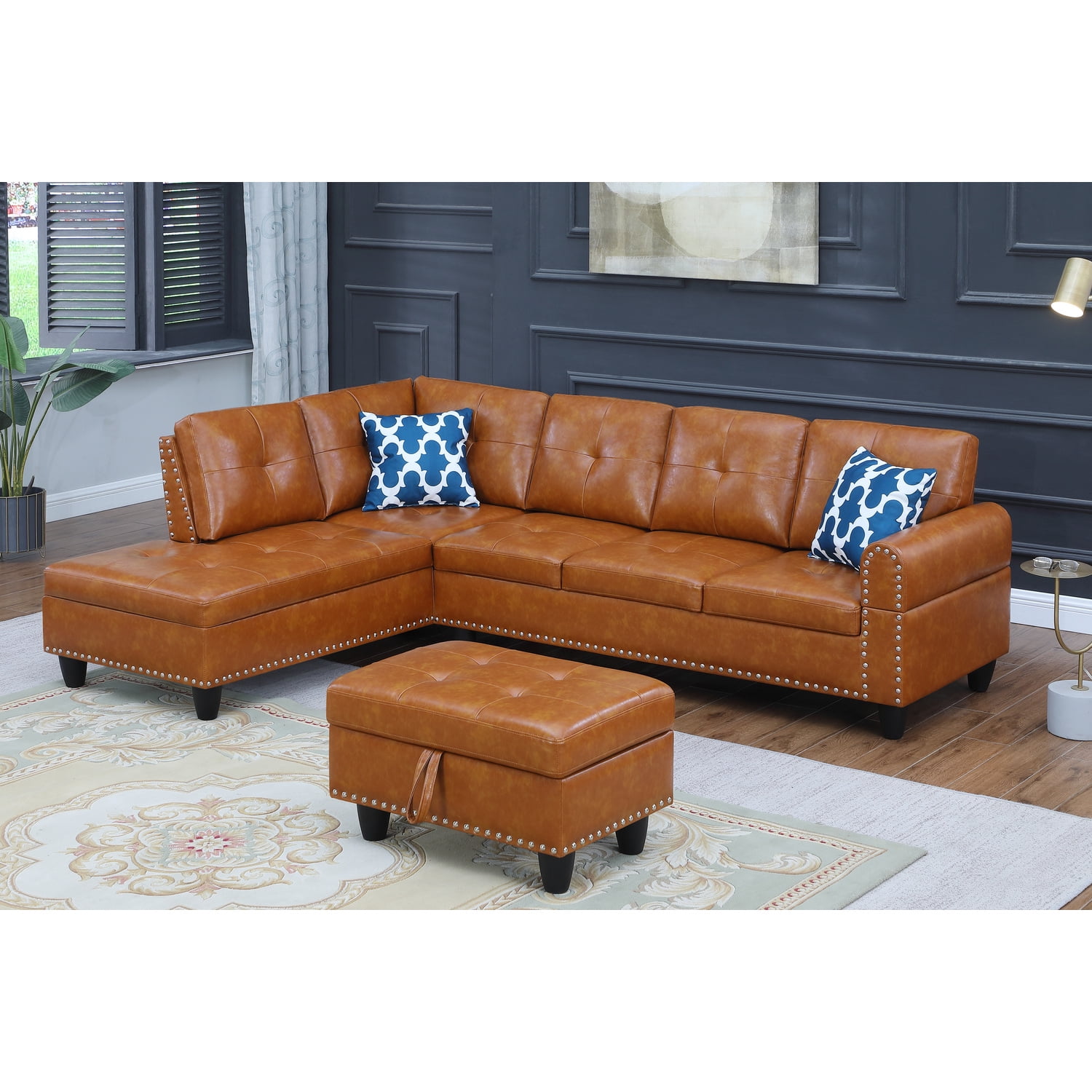 Devion Furniture Faux Leather Nailhead Trim Sectional Sofa with Ottoman, Brown