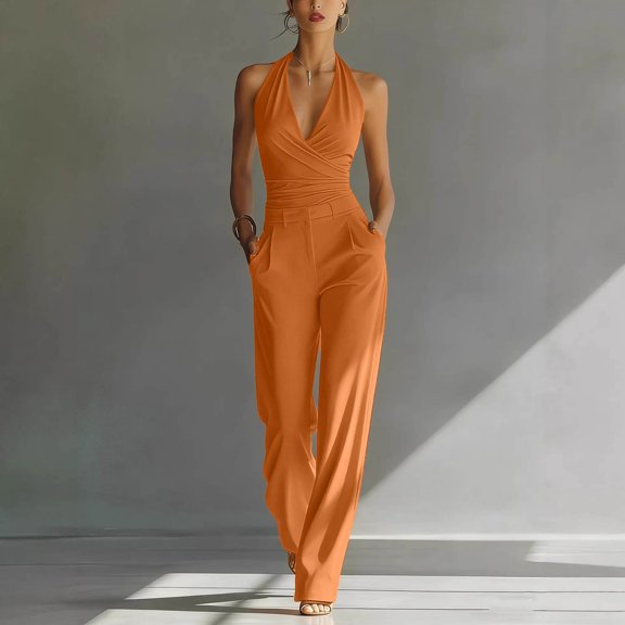 Women's 2 Piece Halter Outfit Set, Deep V Neck Wrap Top with High Waist Wide Leg Pants, Solid Color Elegant Casual Suit with Pockets for Work Party Daily Wear 03-Light Brown L