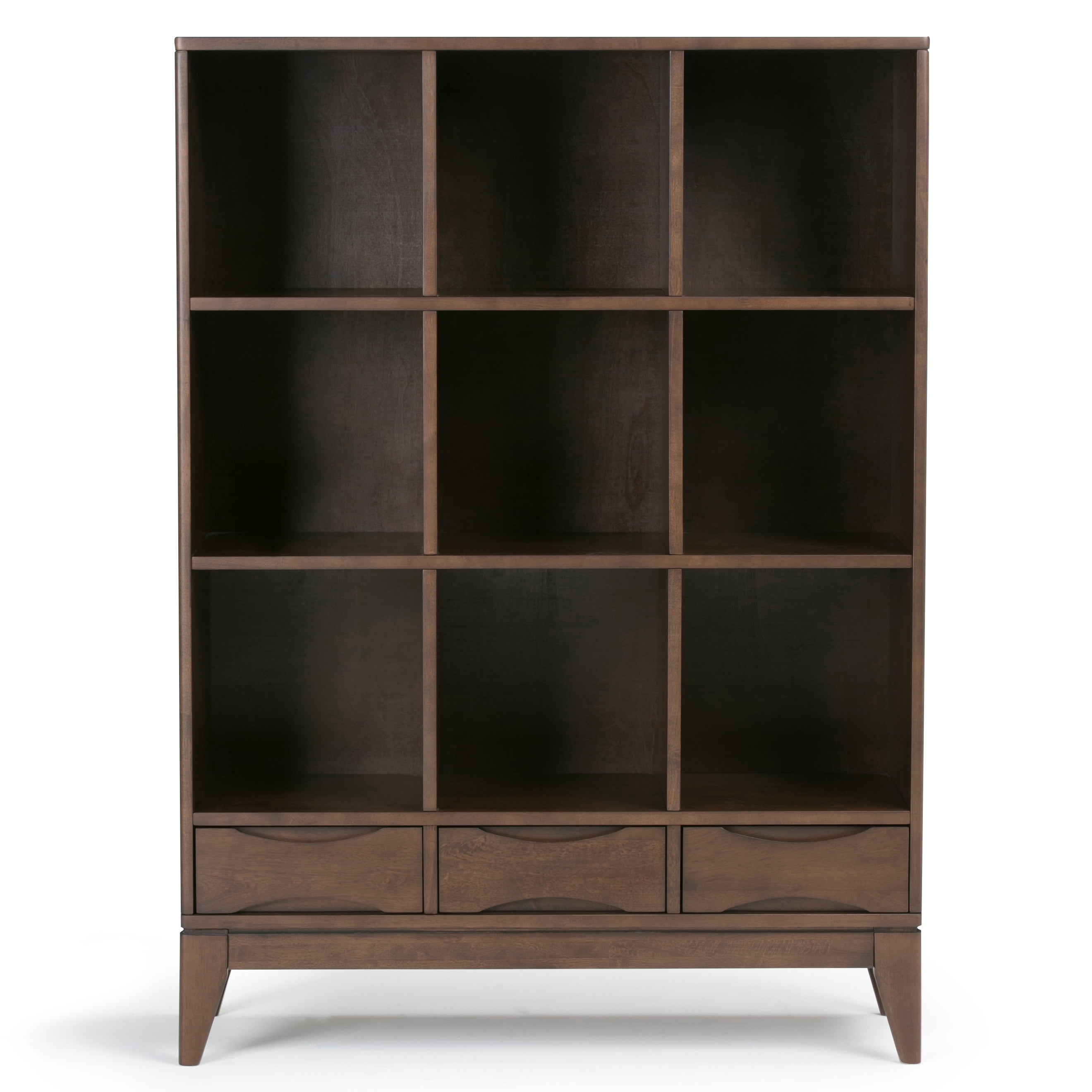 Simpli Home Harper SOLID HARDWOOD 58 inch x 42 inch Mid Century Modern Cube Storage Bookcase with Drawers in Walnut Brown
