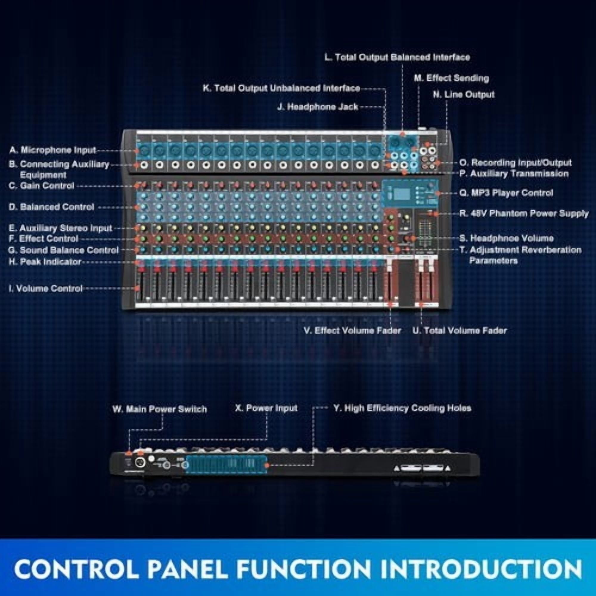 16-Channel Professional Audio Mixer,DJ Mixer Board with Bluetooth,48V Phantom Power, for Live Sound, Recording, Podcast, Karaoke,PC,Compatible with Various Devices,DJ Mixers