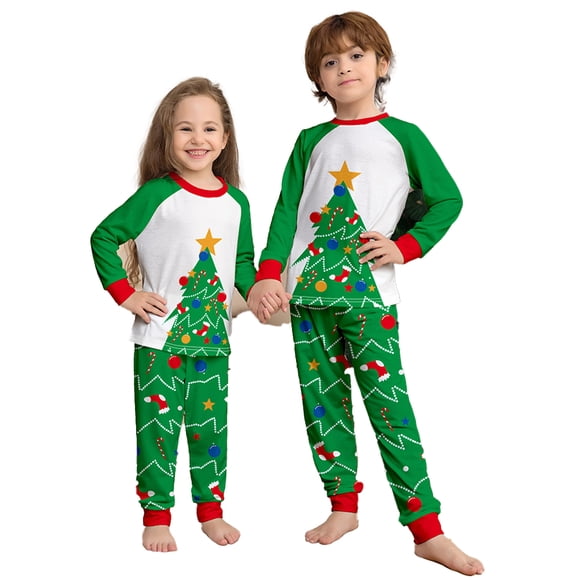 KYAIGUO Family Christmas Matching Pajamas Outfits Green Christmas Cartoon Long Sleeve Mommy and Me Pajamas Set Loungwear Matching Set