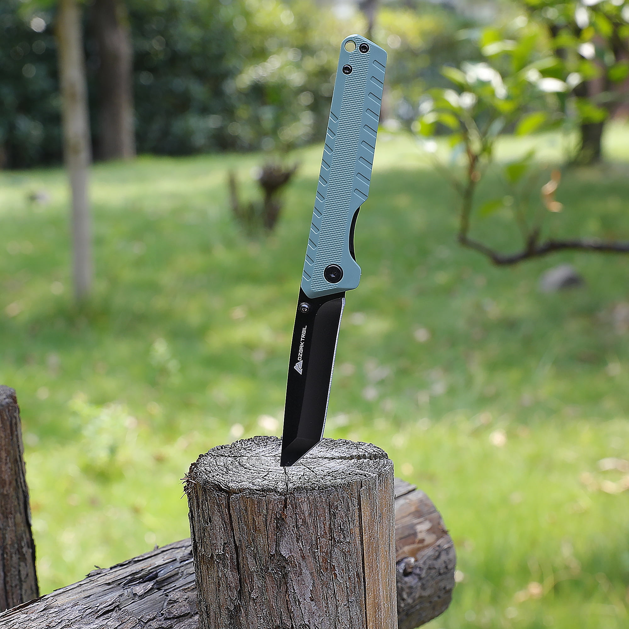Ozark Trail Shadow 7.5 in Tanto Folding Knife, 3.25 in Stainless Steel Blade with Titanium Coating, Green