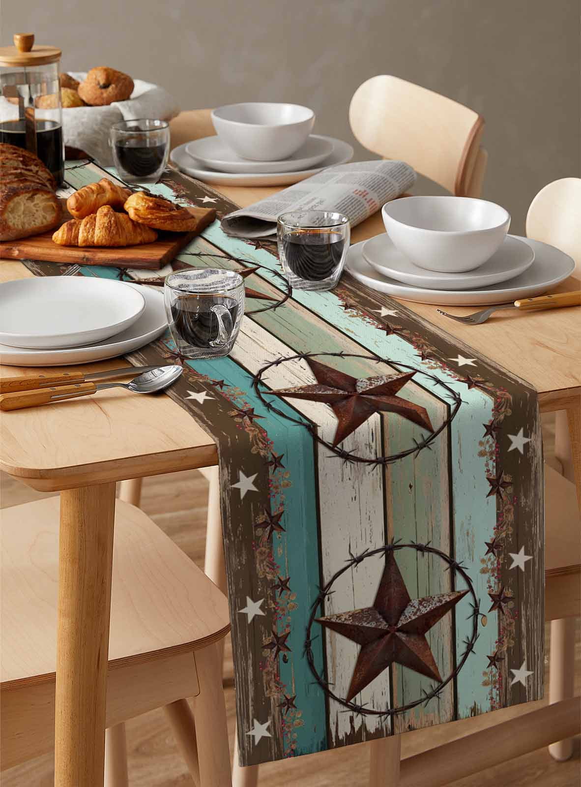 nqOlkjepod West Texas Star Rustic Table Runner 72 Inches Long Farmhouse Dress Scarves, Farmhouse Teal Green Wood Plank Dining Tablerunner for Coffee Table/Kitchen Island/Party Décor, 13" x 72"