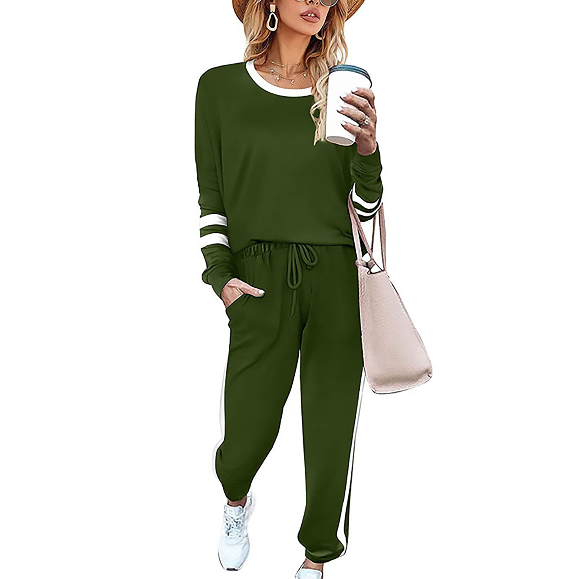 Avamo Women Two Piece Outfit Long Sleeve Jogger Set Workout Wear Sweatsuits With Pockets Tracksuit Running Lounge Sets Red S Red