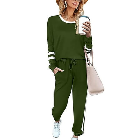 

.Lumento Ladies Casual Jogger Set With Pockets Color Block Pajamas Sweatsuits Loungewear Pullover Lounge Sets Green XXL