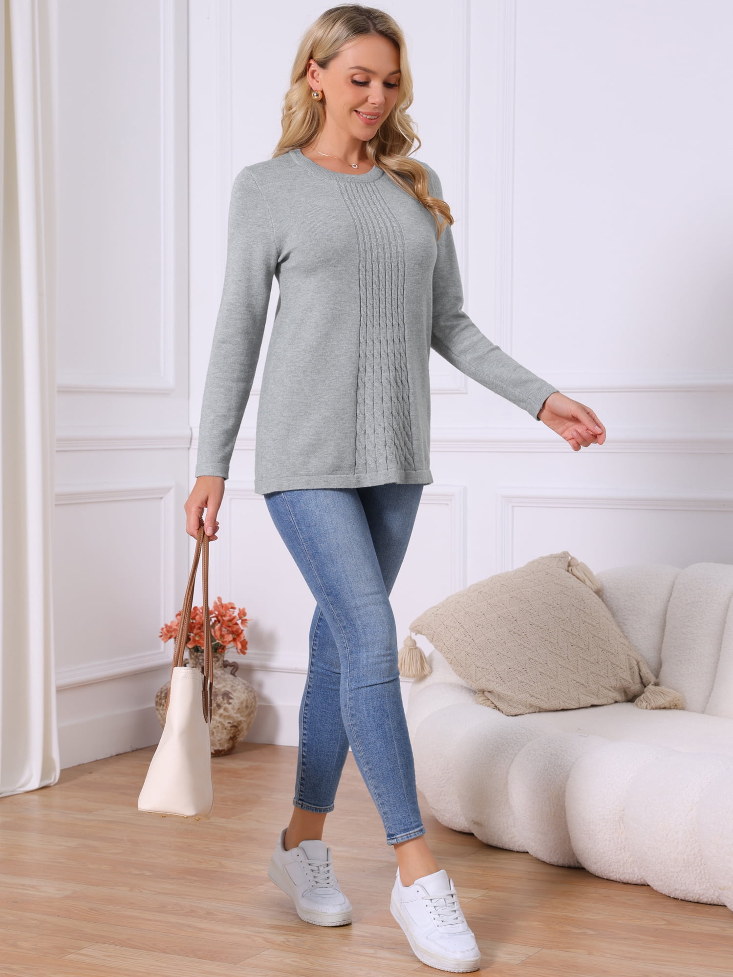 DARING DIVA Women's Crewneck Ribbed Knit Pullover Long Sleeve Sweater M Grey