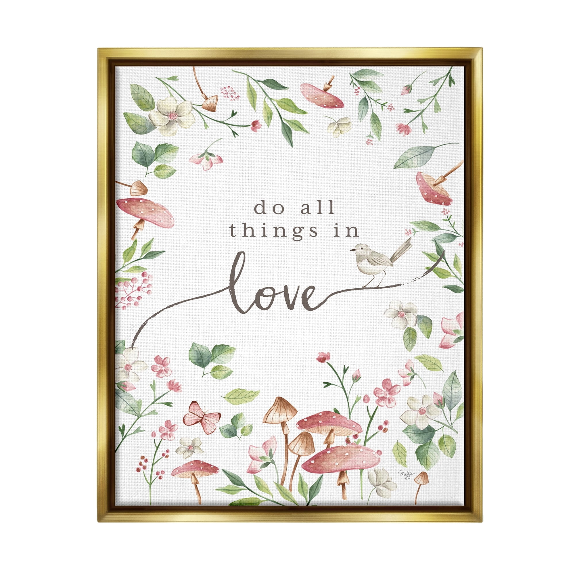 Stupell Industries Do All Things In Love Cottage Mushroom Floral Botanicals Graphic Art Metallic Gold Floating Framed Canvas Print Wall Art, Design by Mollie B.