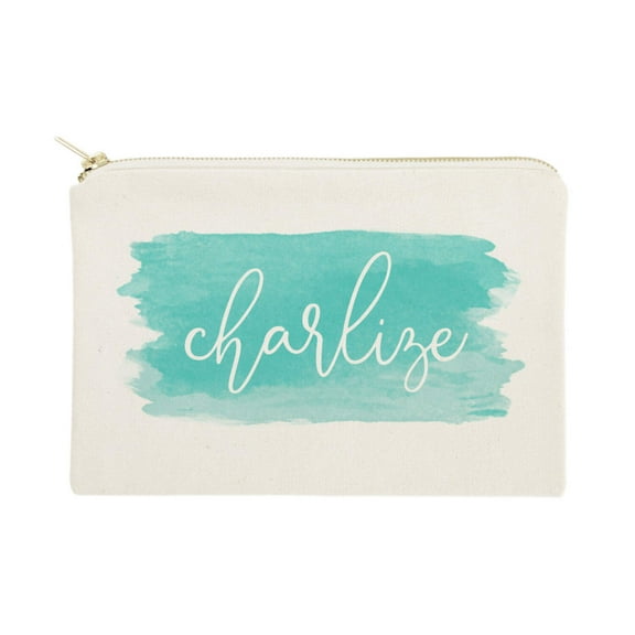 Personalized Name Aqua Watercolor Cosmetic Bag and Travel Make Up Pouch