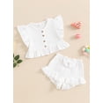 thumbnail image 3 of Suealasg 2Pcs Kids Baby Girl Summer Clothes 6M 1T 2T 3T 4T Toddler Girl Casual Beach Outfits Fly Sleeve Button Down Ruffled Tops Bow Elastic Waist Shorts Set, 3 of 6