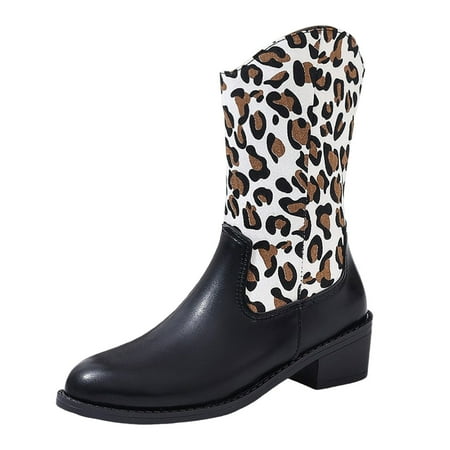

Jungdeepe Ladies Autumn And Winter Casual Retro Colorblocking Floral Pointed Toe Heel Suede Large Size Mid Calf Boots Boots