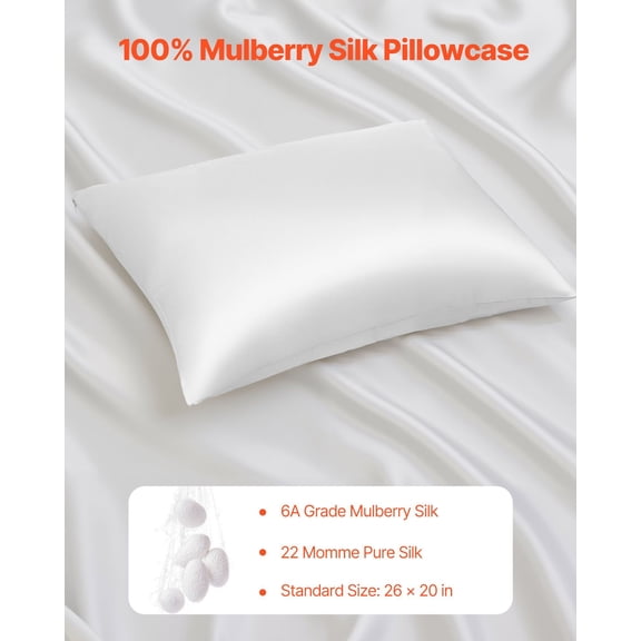 Silk Pillowcase 100% Pure Mulberry Silk, 26x20 Inches Standard Size, 1-Pack, Natural Fiber Smooth & Hypoallergenic for Hair & Skin Care