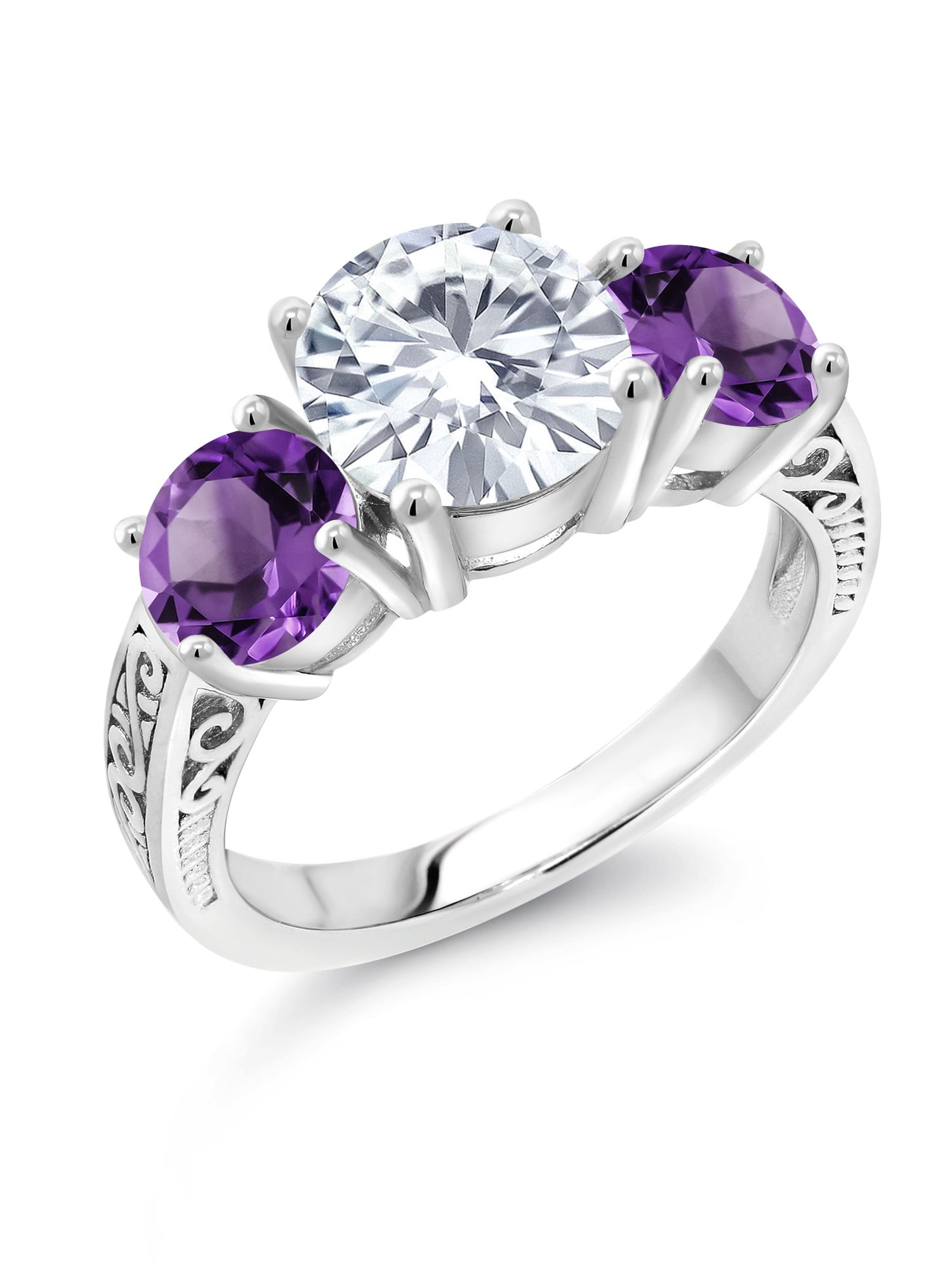 925 Sterling Silver 3-Stone Ring Forever Classic Round 2.00cttw Created Moissanite by Charles & Colvard and Created Sapphire 925 Sterling Silver 3-Stone Ring Forever Classic Round 2.00cttw Created Moissanite by Charles & Colvard and Created Sapphire