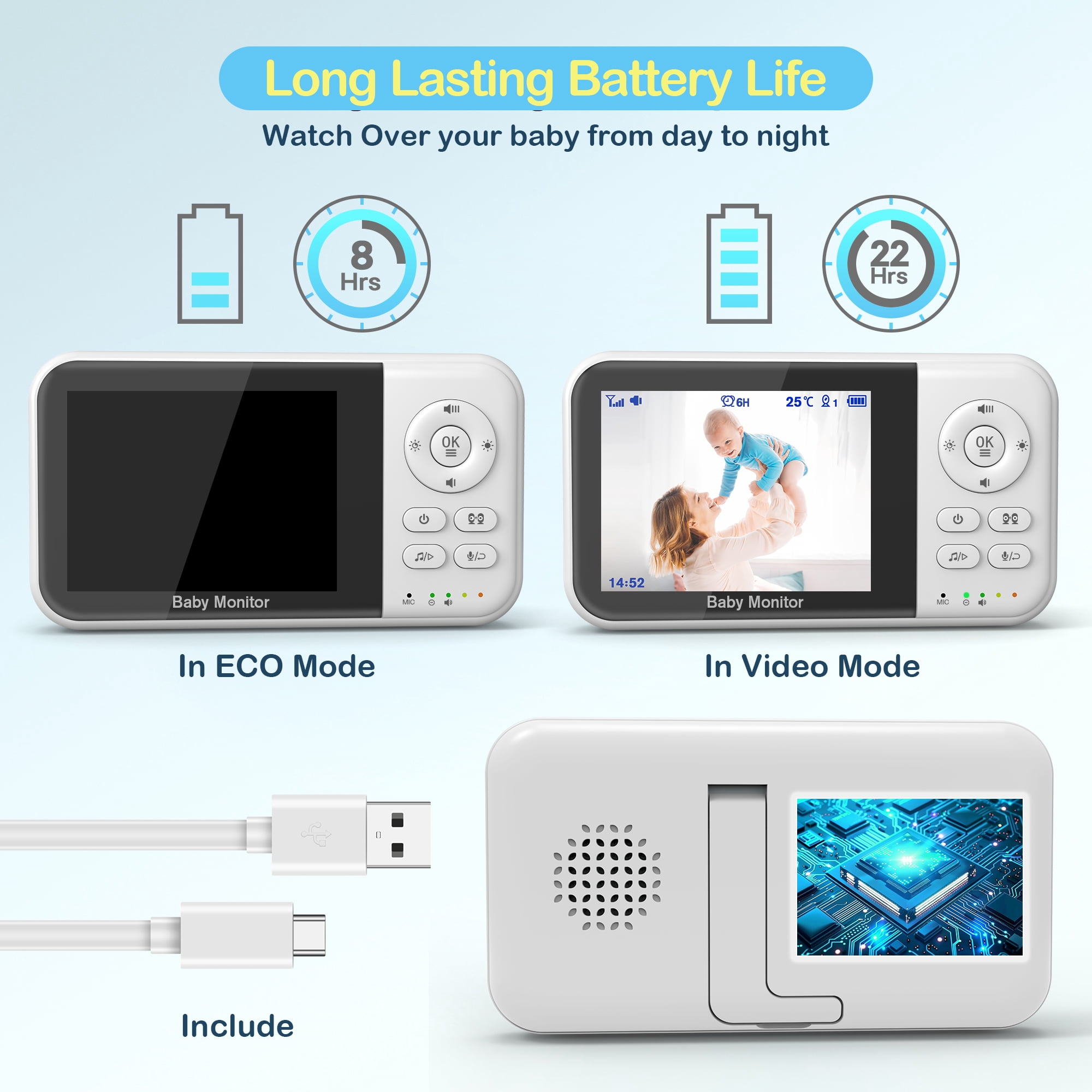 Baby Monitor with Camera and Audio, Video Baby Surveillance System with 3.2” HD Screen, Night Vision, 2 Way Talk, Temperature Sensor, Portable Indoor Home Security Camera with Monitor
