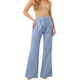 thumbnail image 4 of Outfmvch linen pants women Plus Size Pant Beach Pants for Women 2026 Summer Gauze Pants Women Flowy Pants Gauchos for Women Straight Leg Lounge High Waisted Wide Leg Beach Trousers Blue M, 4 of 7