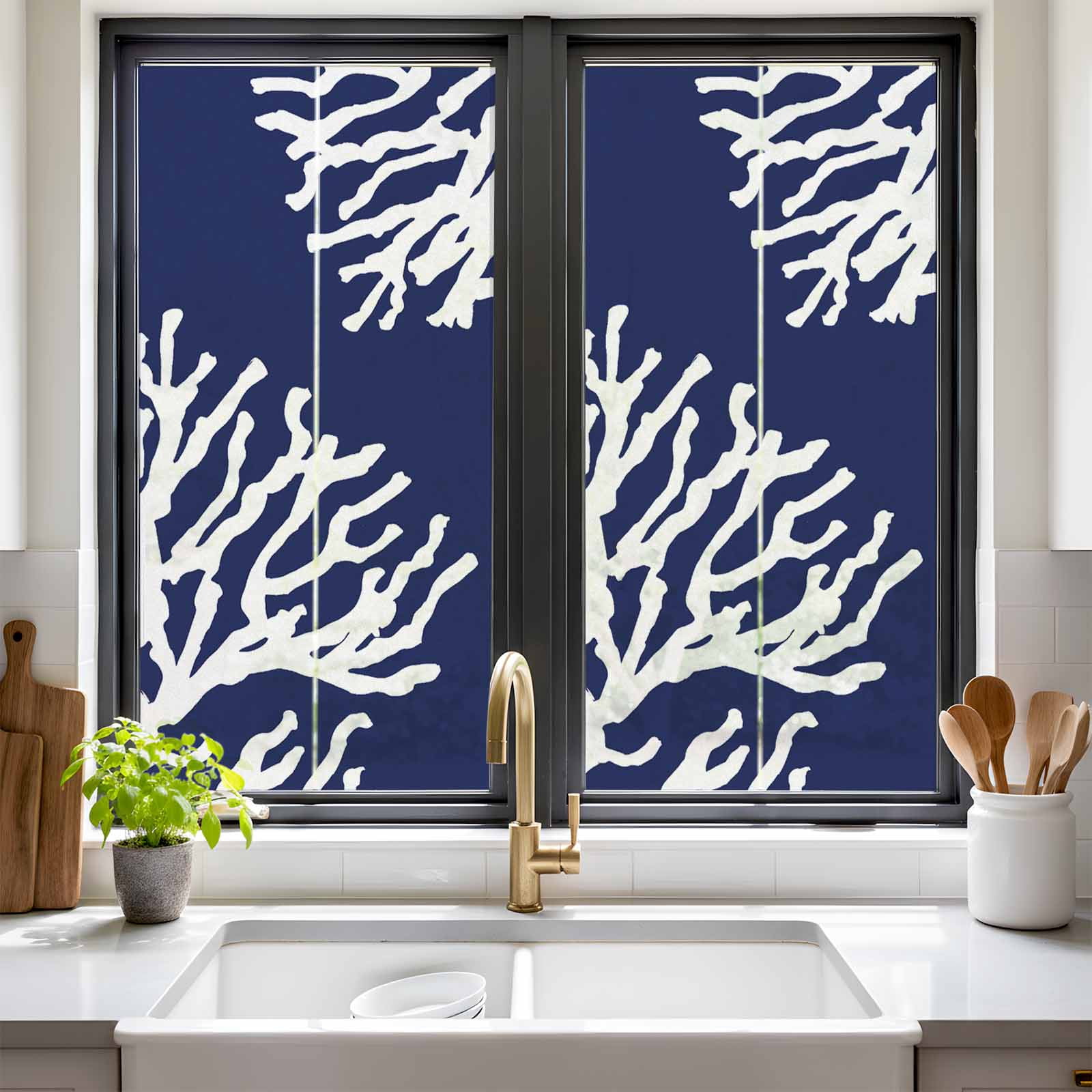 Coral Navy Blue Window Privacy Film, Coastal Ocean Marine Nautical Beach Static Cling UV Sun Blocking Heat Control Window Tint Day and Night, Non-Adhesive One Way Windows Privacy Cover 17.7''x39.3''