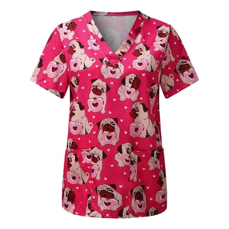 

HAXMNOU Women Animal Print Casual Short Sleeve V-neck Carer Top Hot Pink XXL