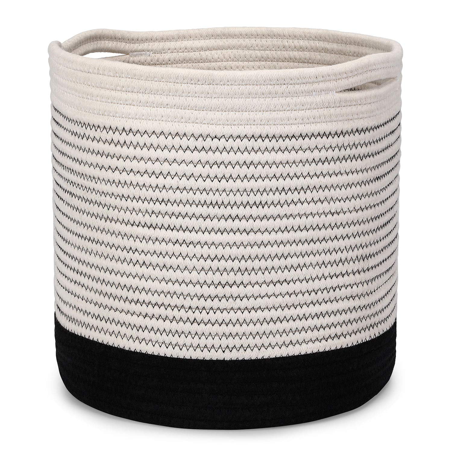 White and Black Stitching POTEY 700202 Cotton Woven Rope Plant Basket Modern Indoor Decorative Pot Up to 11 Inch Large Planters Woven Storage Organizer with Handles Home Decor 12 x 12 