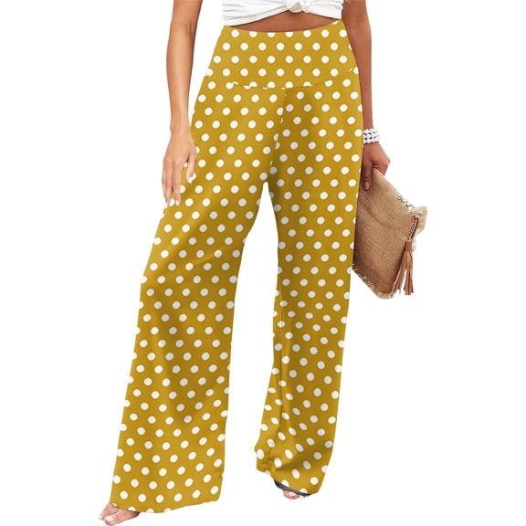 Dweltoz Womens Wide Leg Palazzo Pants Polka Dot Wide Elastic Waist Flowy Trousers Fall breathable Deep side pockets Pants,Yellow XL