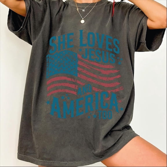 She Loves Jesus and America Too Shirt, 4th of July Tee, Patriotic Faith T-Shirt, Unisex Independence Day Top