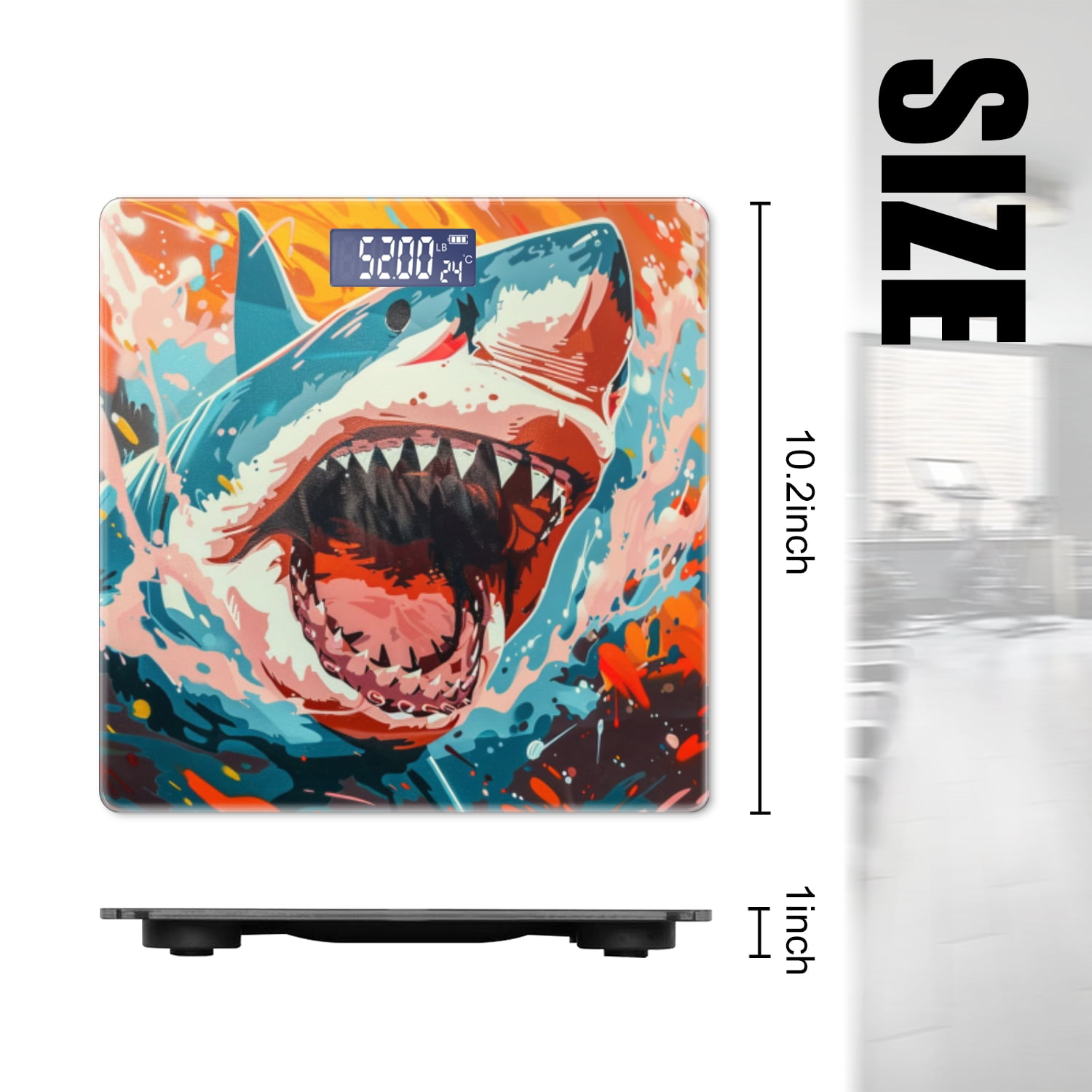 High Precision Body Weight Scale Smart Bathroom Scales with Large LCD Display(400lbs),Decorative for Bedroom-Colorful Painting Of Aggressive Shark With Mouth Open