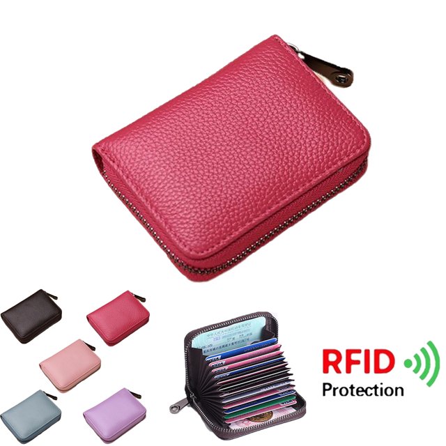 Leather Men Women Card Holder Small Zipper RFID Wallet,Rose Red
