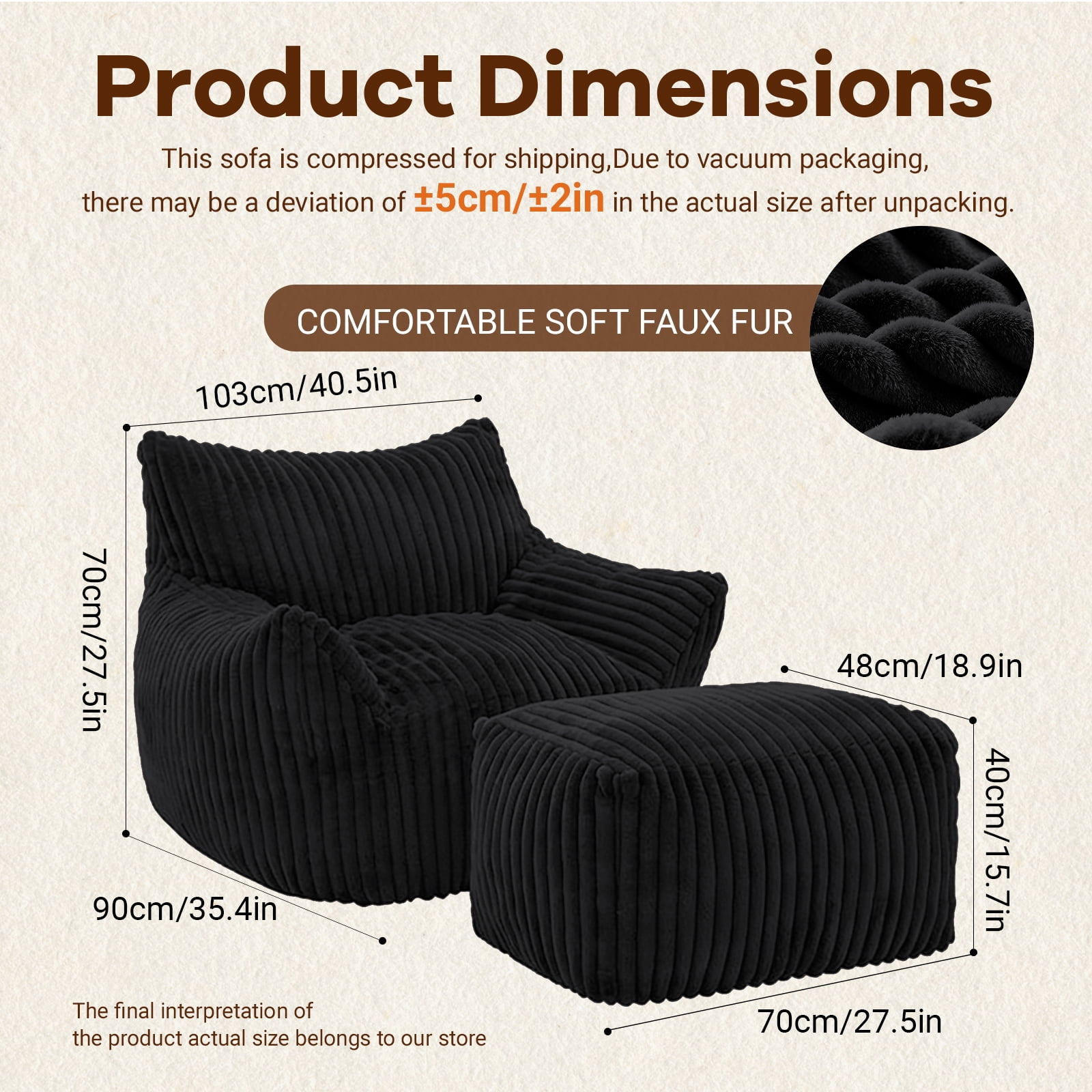Suede Sofa Chair with Ottoman, 5-Zone Ergonomic Support Chair with High-Rebound Foam Filling, Compact Lounge Chair for Small Apartments, Living Room, Black