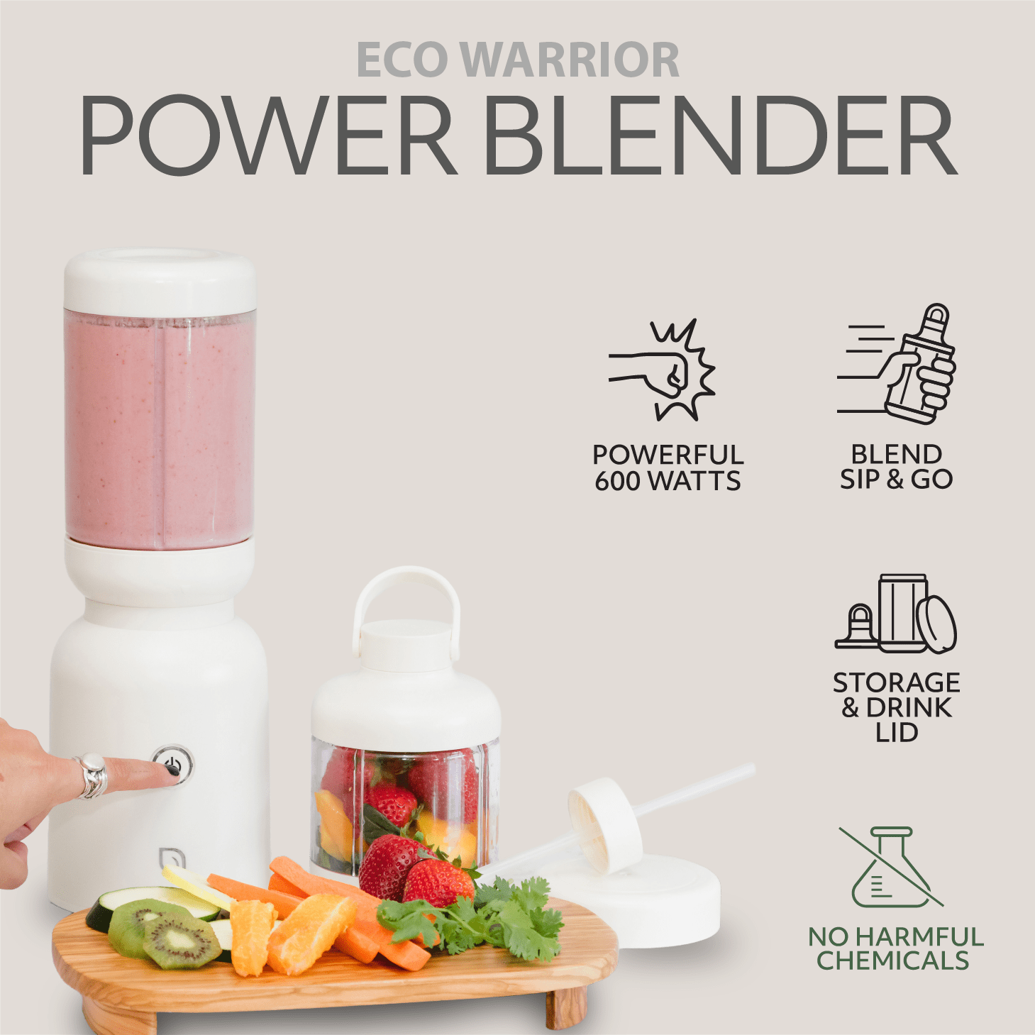 Willow Kitchen Portable Blender Eco Series Warrior Single-Serve Blender for Smoothies with Travel Lid, 1L Personal Blender, 600W, White