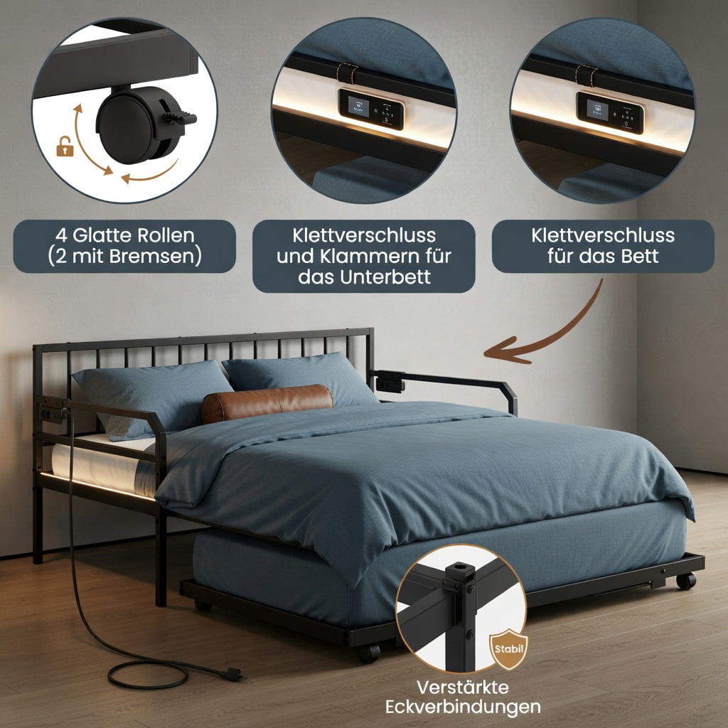 Barara King Bedroom Bed Frame, Bed Platform Frame,Adjustable Metal Twin Size Daybed with Charging Station and LED Light-Black